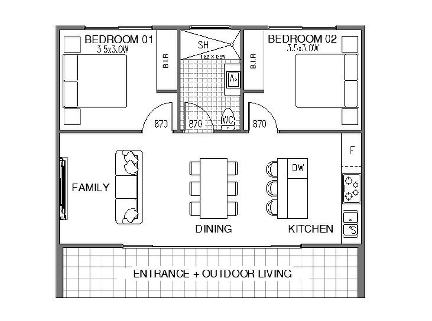 The Pavilion floor plan: two bedrooms with built-in robes flanking a central bathroom, open family, dining and kitchen, and a covered entrance and outdoor living deck